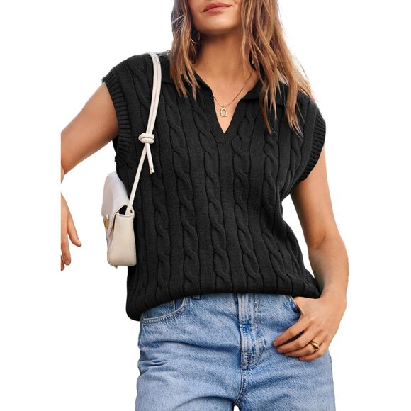 Sweaters - Women V-Neck Cable Knit Vest X-Large Black Cozy Layering Top